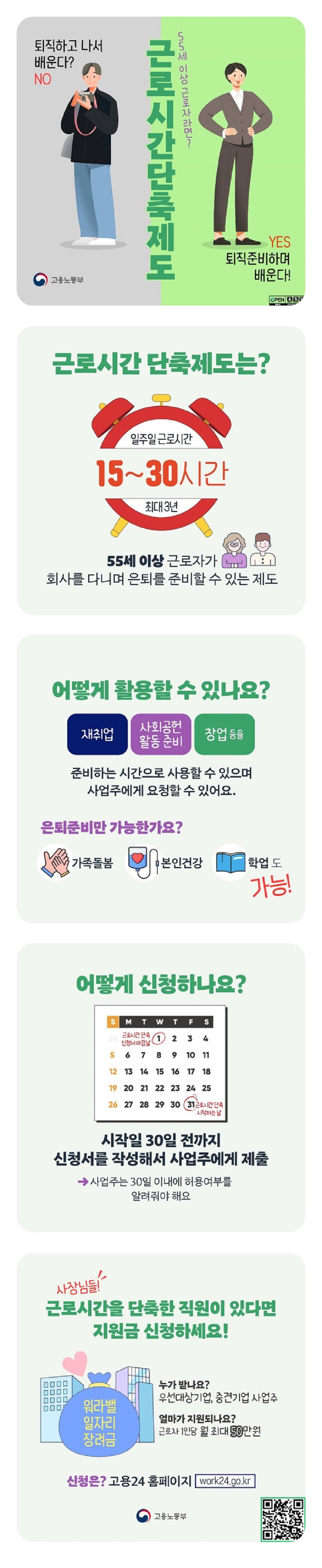 퇴직하고 나서 배운다? NO 퇴직준비하며 배운다! YES 55세 이상 근로자라면? ■ 근로시간 단축제도는? - 일주일 근로시간 15~30시간, 최대 3년. - 55세 이상 근로자가 회사를 다니며 은퇴를 준비할 수 있는 제도. ■ 어떻게 활용할 수 있나요? 재취업, 사회공헌 활동 준비, 창업 등을 준비하는 시간으로 사용할 수 있으며 사업주에게 요청할 수 있어요. ■ 은퇴준비만 가능한가요? 가족돌봄, 본인건강, 학업도 가능! ■ 어떻게 신청하나요? - 시작일 30일 전까지 신청서를 작성해서 사업주에게 제출. - 사업주는 30일 이내에 허용여부를 알려줘야 해요. ■ 사장님들, 근로시간을 단축한 직원이 있다면 지원금 신청하세요! · 누가 받나요? 우선대상기업, 중견기업 사업주. · 얼마가 지원되나요? 근로자 1인당 월 최대 50만 원. · 신청은? 고용24 홈페이지 